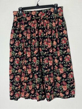 Vintage 90s Functionals Black Pink Floral Pleated Midi Skirt XL Cottagecore Boho